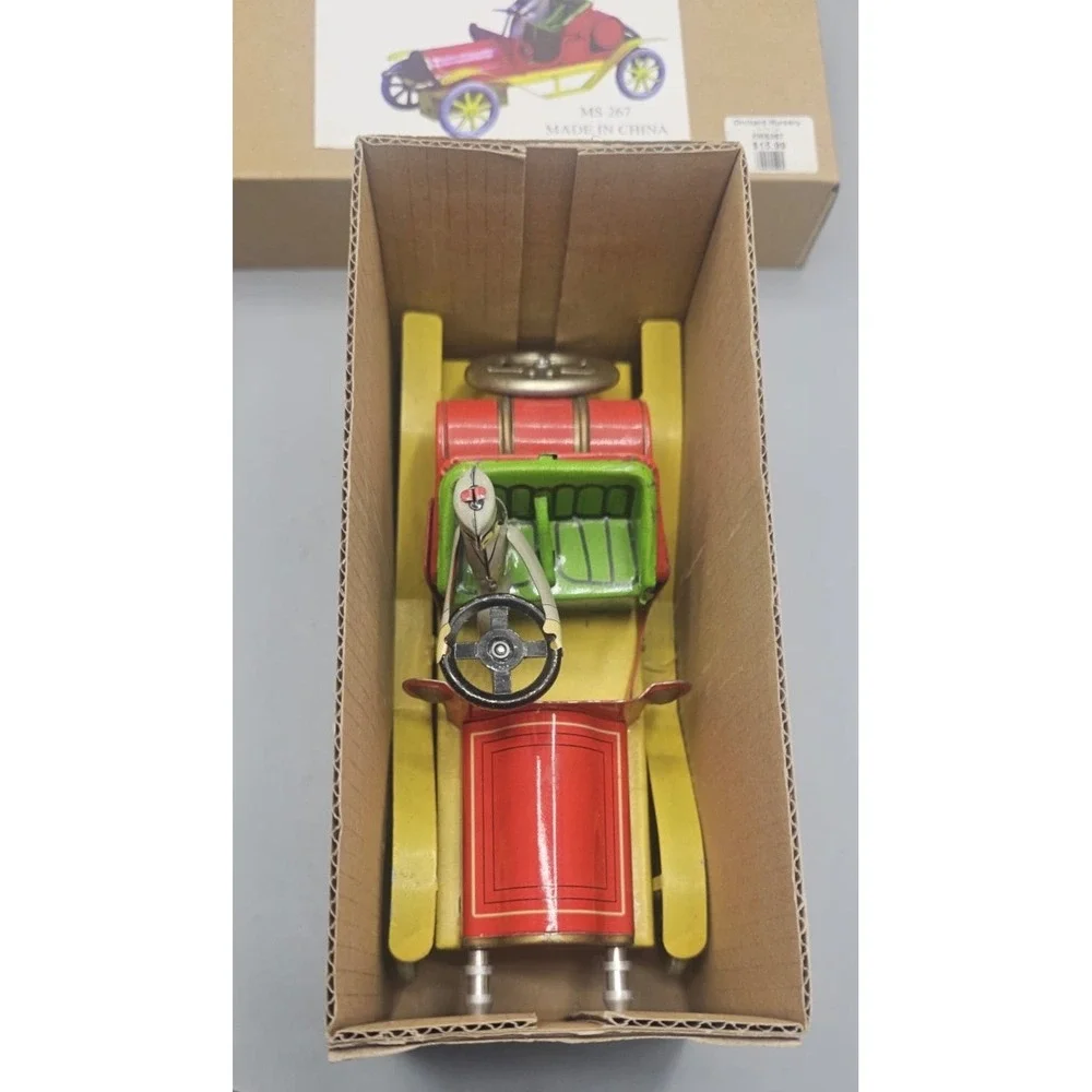 Vintage Style Tin Wind Up Car MS 267 Red Yellow Antique Automobile with Box Key